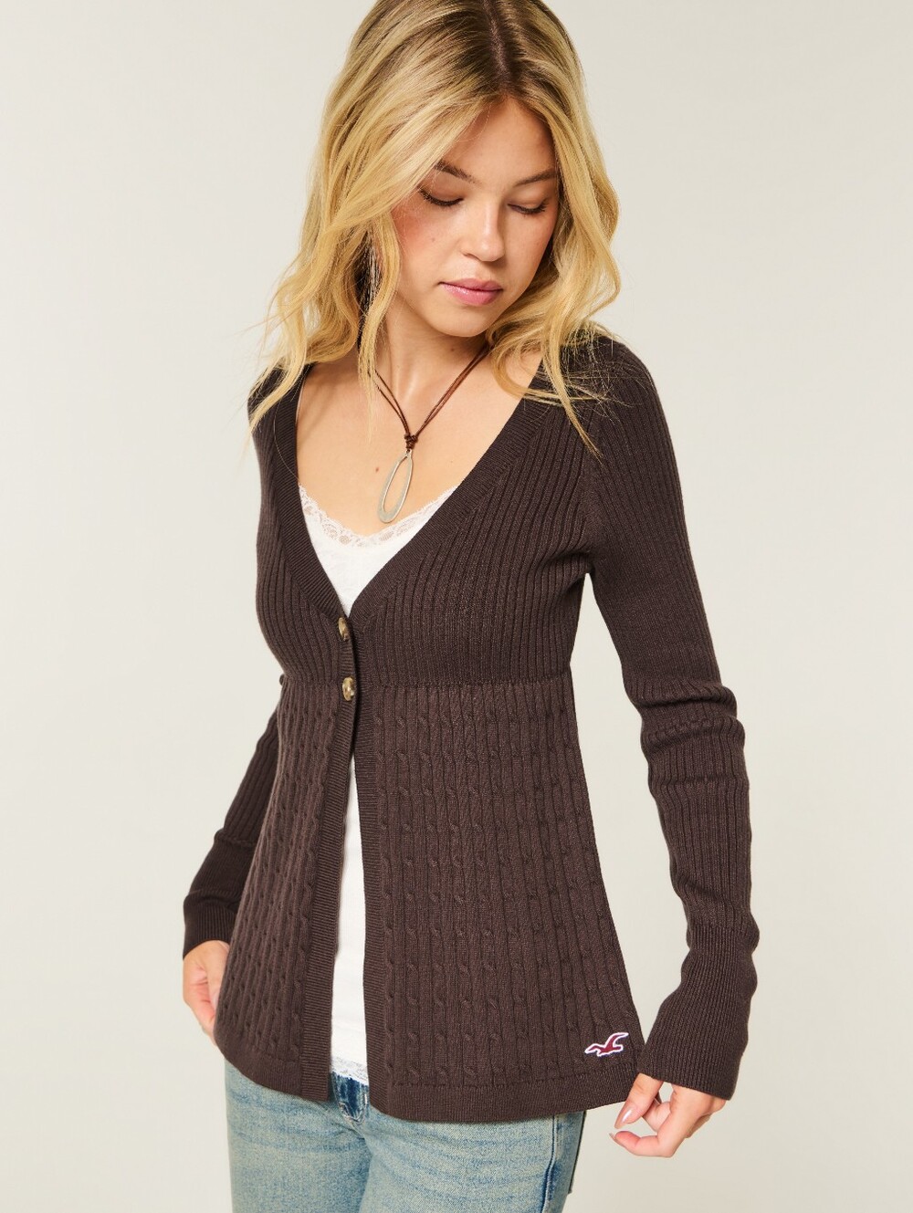 Hollister Long-Sleeve Flyaway Babydoll Cardigan Chocolate Color Size Large